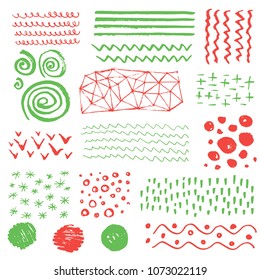 Set of hand drawn grungy texture elements with different shape: lines, circles, waves, spirals, brush strokes. Vector illustration painting by brush-pen for your background, banner, pattern design. 
