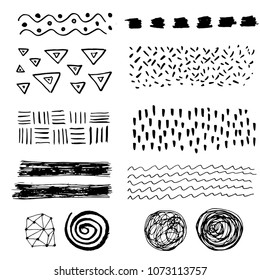 Set of hand drawn grungy texture elements with different shape: lines, circles, waves, spirals, brush strokes. Vector illustration painting by brush-pen for your background, banner, pattern design. 