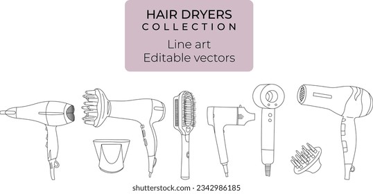 	
Set of hand drawn hair dryers, editable vector line art illustrations of hair dryers and blow-dryer	