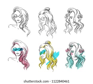 Set of hand drawn hairstyles, vector sketch. Fashion illustratio