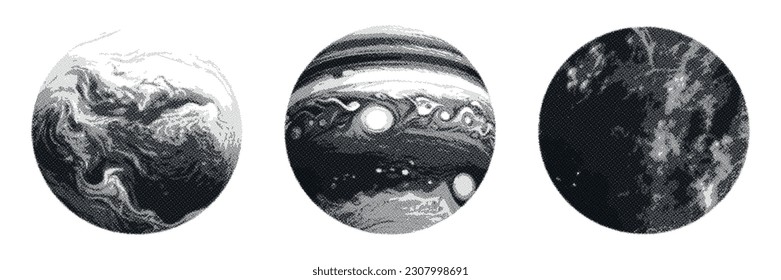 Set of hand drawn halftone planets. Space vector design elements.