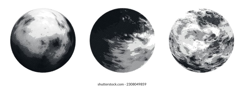 Conjunto de planetas de medio tono dibujados a mano. Elementos de diseño de vectores espaciales.