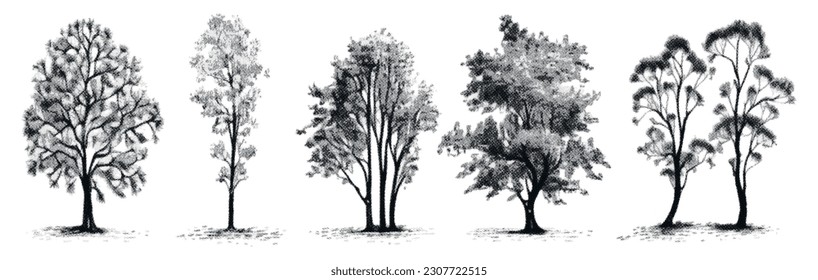 Set of hand drawn halftone trees. Vector design elements.