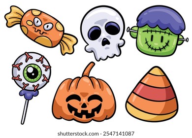 Conjunto de mão desenhado halloween desenho. coleção de doces, crânio, zumbi, abóbora Isolated Vetor