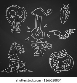 Set of hand drawn Halloween celebration design elements symbols. Vector contour chalk illustration in white over black chalkboard. Skull, lantern, bats, witch hat, pumpkin.