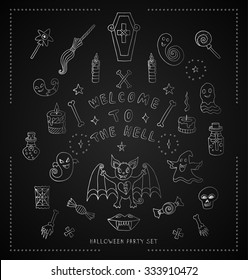 Set of hand drawn halloween in chalk board style. Thanksgiving vector illustration with different creatures and objects isolated on black background. Witches attributes doodles set.Doodle Magic stuff 
