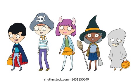 set of hand drawn Halloween characters, boys and girls in costumes