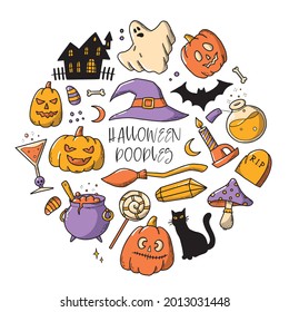 Set of hand drawn Halloween doodles, clipart, decorative elements. Good for prints, stickers, sublimation, greeting cards, holiday decor, planners, etc. EPS 10