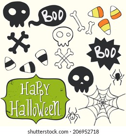 Set of hand drawn halloween doodles with cartoon skulls, candy corns, spiders and other elements.