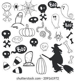 Set of hand drawn halloween doodles with cartoon ghosts, skulls, candy corns and other elements.