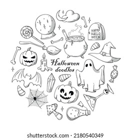 set of hand drawn Halloween doodles isolated on white background. Good for coloring pages, stickers, prints, cards, labels, tags, icons, clipart, etc. EPS 10