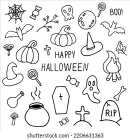 Premium Vector, Set doodle drawing hand drawn halloween black and white