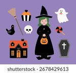 Set of Hand drawn Halloween element flat vector illustration.
Collection of cute witch, hat, white ghost, sheet ghost, broom, haunted house, tombstone, pumpkin, dead tree, crow, lollipop, cupcake.