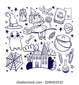 set of hand drawn halloween element design, halloween element illustration template vector