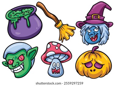 Set of Hand drawn halloween element. collection of cauldron, witch broom, dracula, mushroom, pumpkin Isolated Vector