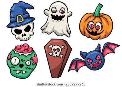 Set of Hand drawn halloween element. collection of skull, ghost, pumpkin, zombie, coffin, bat Isolated Vector