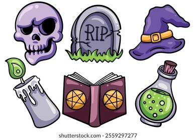 Set of Hand drawn halloween element. collection of skull, gravestone, witch hat, candle, book, poison Isolated Vector