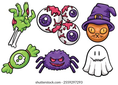 Set of Hand drawn halloween element. collection of zombie hand, eyes, witch cat, skull candy, spider, ghost Isolated Vector