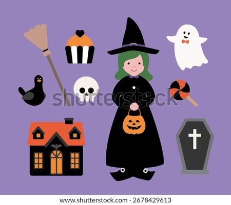 Set of Hand drawn Halloween element flat vector illustration.
Collection of cute witch, hat, white ghost, sheet ghost, broom, haunted house, tombstone, pumpkin, dead tree, crow, lollipop, cupcake.