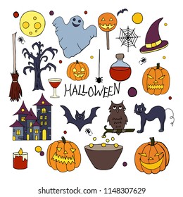 Set of hand drawn halloween elements on white background
