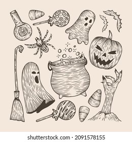 Conjunto De Elementos De Halloween Dibujados A Mano