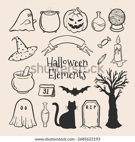 Set of hand drawn halloween elements. Vector illustration hand drawn halloween outline sketch for halloween designs, decor, or seasonal illustrations