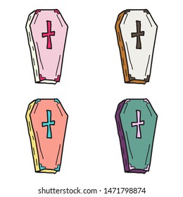 Set of Hand drawn Halloween icon with a textured coffin vector illustration.
