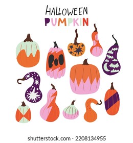 Set of hand drawn Halloween painted pumpkins of different shapes and sizes.Clipart illustrations of autumn vegetables for Holiday season. Great for photo overlay, printable party decoration elements