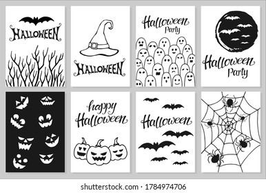 Set of hand drawn Halloween party invitations or greeting cards with handwritten calligraphy and traditional symbols. Vector illustration.
