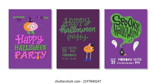 Set of hand drawn Halloween party invitations or posters with hand lettering text and traditional elements. Handwritten inscriptions, eerie pumpkins and ghosts.