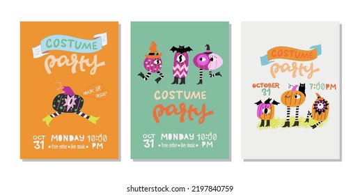 Set of hand drawn Halloween party invitations or posters with hand lettering text and traditional elements. Costume Party inscription and eerie pumpkin characters in witch hat, boots and striped socks