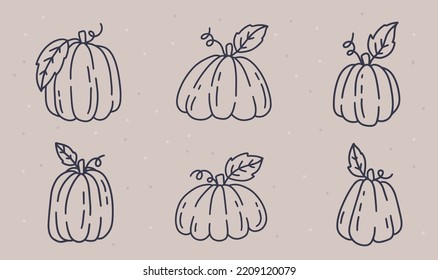  Set of Hand drawn Halloween pumpkin in outline style stroke. Vector Autumn isolated Elements