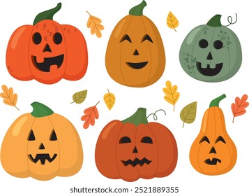 Conjunto de abóboras de halloween desenhadas à mão com faces esculpidas. Diferentes cores e formas legumes de outono	