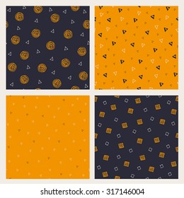 Set of hand drawn Halloween seamless patterns. Vector collection of backgrounds in traditional holiday colors.