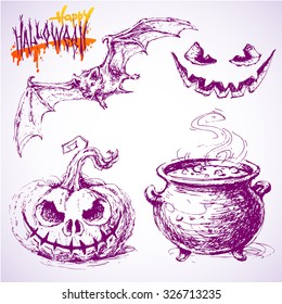 Set of hand drawn halloween sketches isolated on white background. Happy halloween lettering. Vector vintage line art illustration of terrible pumpkin with face, flying bat, witch cauldron. 
