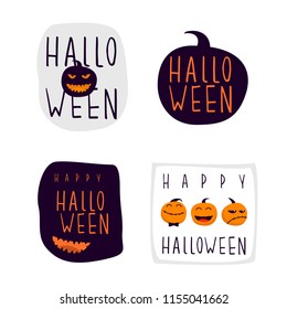 Set of hand drawn halloween stickers collection. Funny pumpkins with hand drawn lettering. Modern vector illustration isolated on white background. Simple and clear flat style