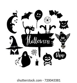 Set of  hand drawn Halloween symbols on white background. Design element for holiday decor.