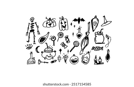 A set of hand drawn halloween theme vector icons.candy halloween magic potion bat medicine pot witch hat key candle eye moon
