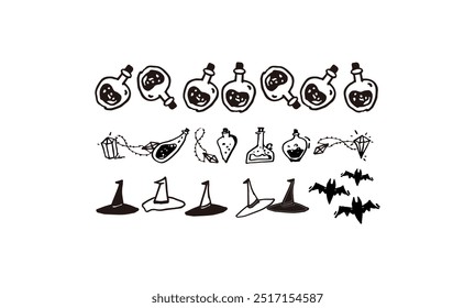 A set of hand drawn halloween theme vector patten.halloween magic potion bat medicine pot witch hat above
