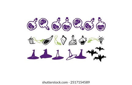 A set of hand drawn halloween theme vector patten.halloween magic potion bat medicine pot witch hat above
