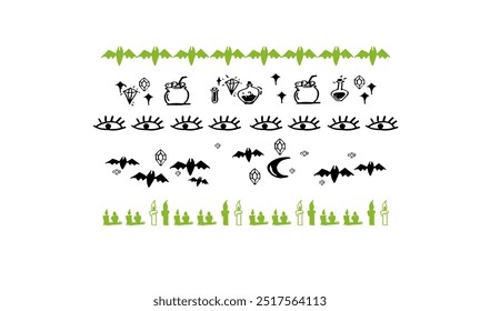 A set of hand drawn halloween theme vector pattern image materials. Green Bats, Crystals, eyes, potions patterns