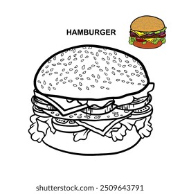 Set von handgezeichnetem Hamburger schwarz Umriss mit Beispielfarben oben rechts. Vektorgrafik-Design 
