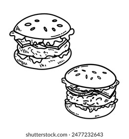 Set of hand drawn hamburger, burger. Set of doodle style hamburger, burger. Vector illustration