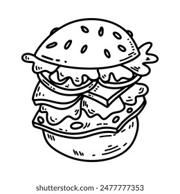 Juego de hamburguesa dibujada a mano, hamburguesa. Conjunto de hamburguesa estilo doodle, hamburguesa. Ilustración vectorial