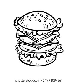 Set of hand drawn hamburger, burger. Set of doodle style hamburger, burger. Vector illustration