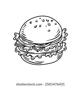 Conjunto de hamburguesa dibujada a mano, hamburguesa. Conjunto de hamburguesa estilo doodle, hamburguesa. Ilustración vectorial