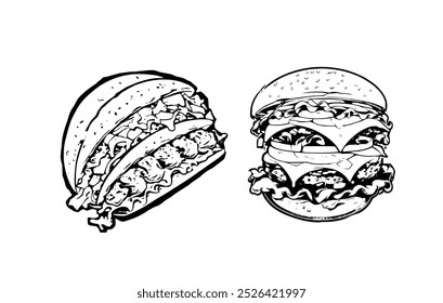Set of hand drawn hamburger, burger. Set of doodle style hamburger, burger. Vector illustration. for fast food design