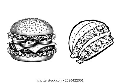 Set of hand drawn hamburger, burger. Set of doodle style hamburger, burger. Vector illustration. for fast food design