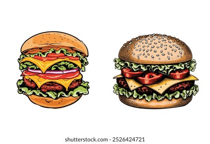 Set of hand drawn hamburger, burger. Set of doodle style hamburger, burger. Vector illustration. for fast food design. 