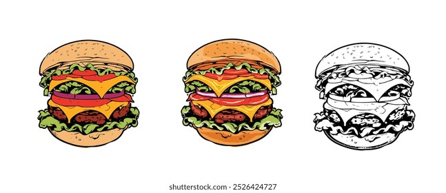 Set of hand drawn hamburger, burger. Set of doodle style hamburger, burger. Vector illustration. for fast food design. 